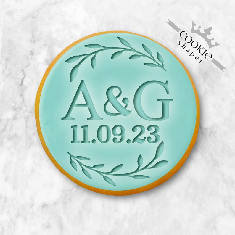Custom Wedding Initials and Family Name Cookie Stamp Embosser | with Leaves and Personalized Initials image 1