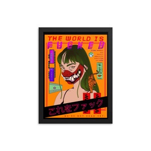 No.2 &quot;The World Is&quot; Original Kunstdruck von Fruttipi - gerahmt oder ungerahmt - orange Anime Manga Cyberpunk Japanischer Sci Fi unikat schräger Stil