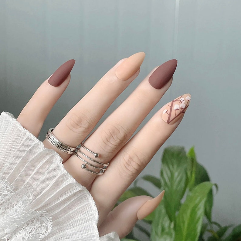 Almond Press on 24 Pcs Floral Almond Shape Nails Baby Blue Etsy