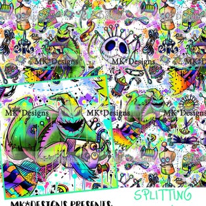 Könnte beinhalten: Ein farbenfrohes nahtloses Muster mit einer grünen und schwarzen Figur mit Nähten auf weißem Hintergrund. Das Muster enthält verschiedene Näh- und Bastelutensilien, darunter Scheren, Nadeln, Garn und eine Nähmaschine. Der Text "MK*Designs Presents: Splitting Seams" befindet sich am unteren Rand des Bildes.