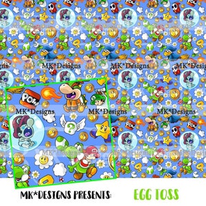 May include: A blue background with a repeating pattern of various cartoon characters and objects from the Super Mario Bros. video game franchise. The characters include Mario, Luigi, Yoshi, Bowser, and Toad. The objects include coins, stars, question blocks, and power-ups. The text "MK*Designs Presents: EGG TOSS" is at the bottom of the image.
