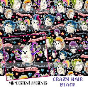Könnte beinhalten: Ein nahtloses Muster mit Cartoon-Igeln mit bunten, verrückten Haaren. Die Igel befinden sich auf einem schwarzen Hintergrund mit Sternen, Herzen und Diamanten. Der Text "Crazy Hair Don't Care!!!" wird im gesamten Muster wiederholt.