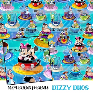 May include: A colorful digital pattern featuring various Disney characters in teacups. The characters include Mickey Mouse, Minnie Mouse, Stitch, Sully, Aladdin, Jasmine, and more. The background is a blue and white swirl pattern. The text "MK*DESIGNS PRESENTS: DIZZY DUOS" is at the bottom of the image.