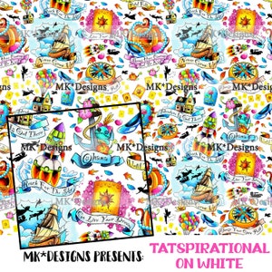 May include: A white background with a repeating pattern of colorful cartoon images. The images include a compass, a rocket ship, a house, a ship, a sun, a pumpkin, a flower, an anchor, a fairy, and a quote that says "Adventure is out there".