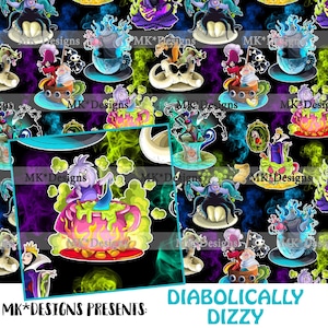 May include: A black background with a repeating pattern of Disney villains in teacups. The villains include Ursula, Maleficent, Cruella de Vil, and the Evil Queen. The text "MK*DESIGNS PRESENTS: DIABOLICALLY DIZZY" is at the bottom of the image.