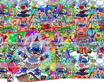 May include: A colourful, festive pattern featuring Stitch from Lilo & Stitch dressed in various Christmas outfits. The pattern includes Stitch as Santa, a snowman, and a reindeer. The background is a mix of green, red, and white with snowflakes and Christmas lights.