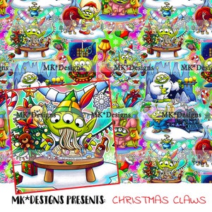 Op de afbeelding: Een kleurrijk, herhalend patroon met groene, drieoogige aliens in verschillende kersttaferelen. Het ontwerp bevat sneeuwvlokken, cadeaus, kerstbomen en zuurstokken. De tekst "MK*DESIGNS PRESENTS: CHRISTMAS CLAWS" staat onderaan.