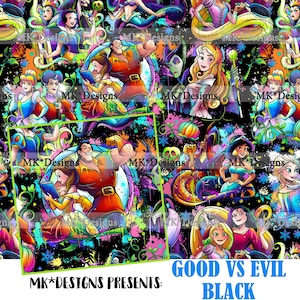 May include: A colourful digital illustration featuring Disney princesses and villains against a black and white background with splashes of colour. The image includes characters such as Cinderella, Snow White, Belle, and Maleficent. The text "GOOD VS EVIL BLACK" is at the bottom of the image.