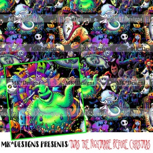 Op de afbeelding: Een kleurrijk, psychedelisch patroon met personages uit de film "The Nightmare Before Christmas". Het patroon bevat Jack Skellington, Sally, Oogie Boogie en andere personages uit de film. De achtergrond is zwart met kleurspatten.