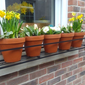 May include: A black metal window box with five terracotta pots filled with yellow daffodils and white flowers. The window box is mounted on a brick wall.