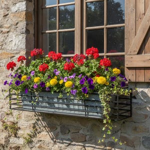 May include: A rectangular galvanised metal window box planter held within a black wire frame, overflowing with vibrant red geraniums, bright yellow marigolds, and purple petunias, mounted on a rustic stone wall beneath a wooden window frame.