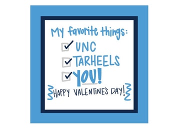 Etiqueta de regalo imprimible "Cosas favoritas" para San Valentín de los Tarheels de la UNC (descarga digital)