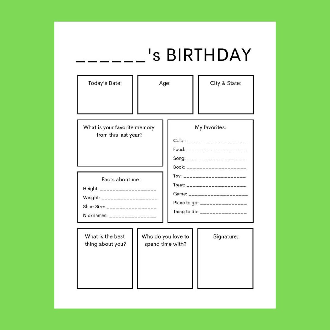 Kid's Birthday Questionnaire Printable, Fill-in-the-blank, Interview ...