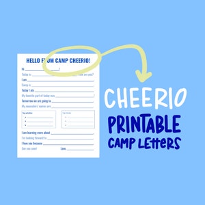 Könnte beinhalten: Eine druckbare Camp-Briefvorlage mit dem Text "HELLO FROM CAMP CHEERIO!" oben. Die Vorlage enthält Abschnitte für das Datum, Aktivitäten und eine Nachricht, die nach Hause geschickt werden soll.