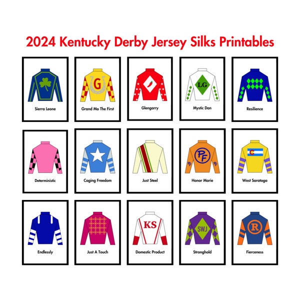 2024 Kentucky Derby Jockey Silks Jerseys Shirts with Horse Names - Printables Digital Download Printable 5x7 Cards with border