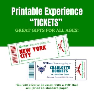 Könnte beinhalten: Druckbare Erlebnis-Tickets mit Text: "NEW YORK CITY" und "CHARLOTTE HORNETS". Die Tickets sind weiß mit rotem und blauem Text. Die Tickets sind mit "Merry Christmas!" und "Great Gifts for All Ages!" beschriftet.