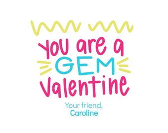 Valentines" Gem - "You Are A Gem" Digital Download Pink Teal Ring Jewel Jewelry Tag Stickers, Personalized Custom Personal Valentine