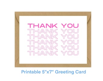 Thank you - ”Thank You” greeting card note A6, 5x7in - Instant Download printable simple birthday card THANKS rainbow colorful PINK