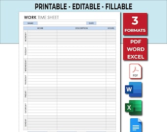 Printable Employee Time sheet Editable PDF Template, Printable Time Card, Work Schedule Tracker, Work Log, Employee Timekeep Sheet.