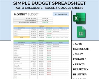 Simple Monthly Budget Editable. Income Expenses Savings Spreadsheet Template. Monthly Personal & Family Budget. Excel Google Sheets Template