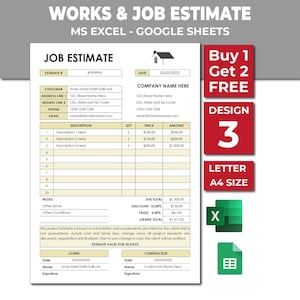 Könnte beinhalten: Eine Job-Schätzungsvorlage in einem hellbraunen und weißen Farbschema. Die Vorlage ist für die Verwendung mit Microsoft Excel oder Google Sheets konzipiert. Die Vorlage enthält Abschnitte für Kundeninformationen, Jobbeschreibung, Menge, Preis, Betrag, Notizen, Zwischensumme, Rabatt, Steuern und Gesamtsumme. Die Vorlage enthält auch einen Abschnitt für die Unterschriften von Kunde und Auftragnehmer. Die Vorlage ist mit "Works & Job Estimate" und "Buy 1 Get 2 Free" beschriftet.