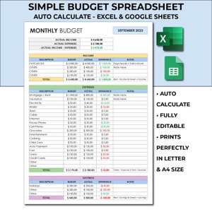 May include: A colorful spreadsheet template for budgeting with a green, red, and white color scheme. The spreadsheet is designed to help users track their income, expenses, and savings. The template includes sections for monthly income, expenses, and savings. The spreadsheet is labeled "Simple Budget Spreadsheet" and "Auto Calculate - Excel & Google Sheets".