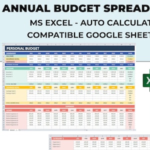 May include: A spreadsheet template for personal budgeting, compatible with Microsoft Excel and Google Sheets. The template includes sections for income, savings goals, and expenses, with columns for each month of the year. The spreadsheet is color-coded with pink, yellow, and green.