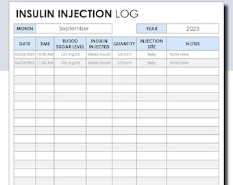 Blood Sugar Injection Log. Diabetes Medication Log. Insulin Therapy Tracker. Insulin Injection Record Book. Daily Insulin Injection Log. PDF