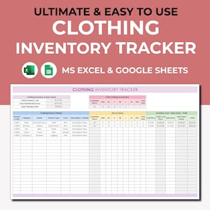 Foglio di calcolo per il monitoraggio dell'inventario di abbigliamento per piccole imprese, modello di inventario Fogli Google Excel, gestione dell'inventario, modello di inventario di vestiti