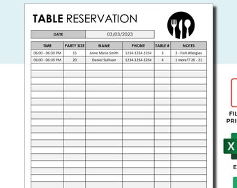 Restaurant reservation template, Restaurant reservation template PDF, Restaurant table reservation sheet Template,Table reservation template