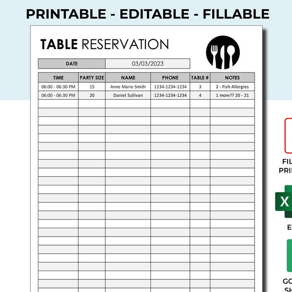 Restaurant Table Reservation Chart.pdf Restaurant Table - Etsy