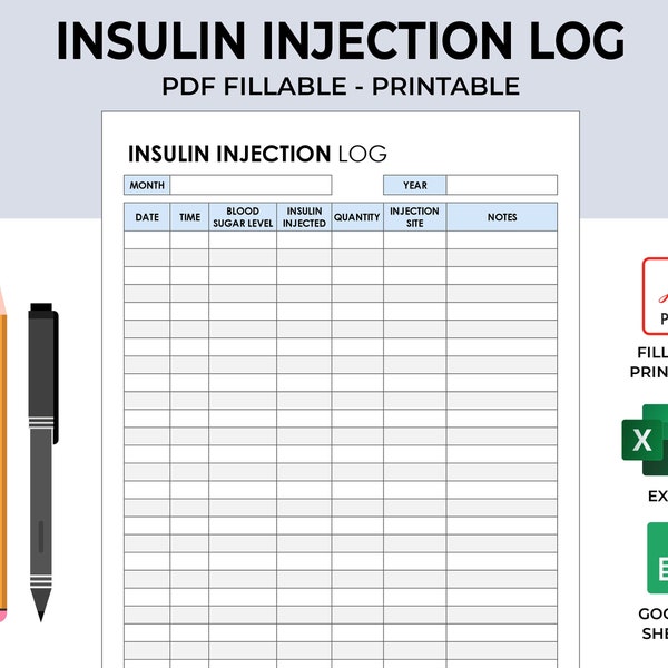 Insulin Administration Tracker. Diabetic Injection Log. Insulin Dosage Diary.Diabetes Injection Record.PDF Printable Fillable.Excel Template