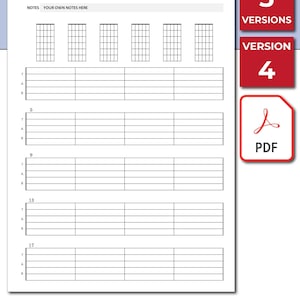 Tablature e fogli di lavoro per accordi per chitarra stampabili. Foglio bianco per tablature per chitarra per studenti di musica. Accordi e tablature per chitarra. Spartiti musicali stampabili in PDF.