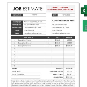 Job Estimate Template Excel Editable Spreadsheet Google Sheets