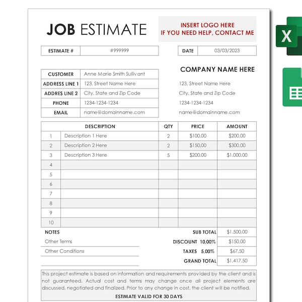 Construction Bid Template Etsy