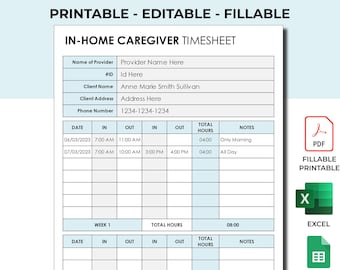 Editable Caregiver Timesheet, Home Health Care Time Sheet, Caregiver Schedule, Caregiver Hours, Home Care Shift, Timesheet Log, MS Excel