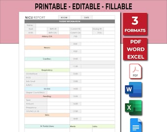 Nicu report sheet, Nicu Patient Report, Nicu brain sheet, Neonatal nurse shirt, Nicu patient report sheet - A4/US Letter, Day/Night shift