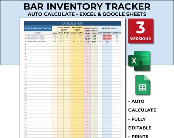 Bar & Restaurant Inventory Sheet: Beer, Liquor, Wine, Alcohol, Other Beverages Drinks. Inventory/Stock Tracker. Excel Spreadsheet - Google