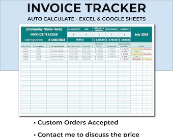 Invoice Tracker Spreadsheet Template. Excel Google Sheets. Customer Invoice Tracker. Sales Invoice Tracker. Invoice Log Spreadsheet Template
