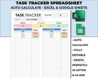 Task Checklist Tracker Spreadsheet Template. Work Tracker in Excel. Daily Weekly Task List Template. Task Organizer. Google Sheets.