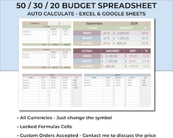 50/30/20 Budget Planner Spreadsheet Template. 50/30/20 Expense Tracker. Simple 50/30/20 Budget Sheet. 50/30/20 Savings and Spending.