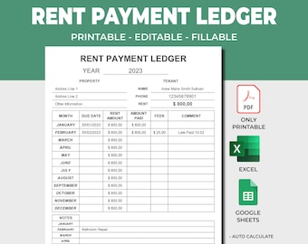 Rent Payment Ledger, Rent Payment Tracker,Rent Payment Record,Rent Ledger,Landlord Ledger,Tenant Payment Log,Rental Template,Payment Tracker
