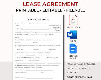 Lease Agreement. Printable Rental Agreement Template. Lease Contract Template.Landlord Forms.Apartment Contract.Residential Housing.Fillable