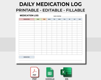 May include: A printable daily medication log with the text "Daily Medication Log Printable - Editable - Fillable." The log includes sections for medication, dose, time, and days of the week. Icons for PDF, Google Sheets, and MS Excel are also present.
