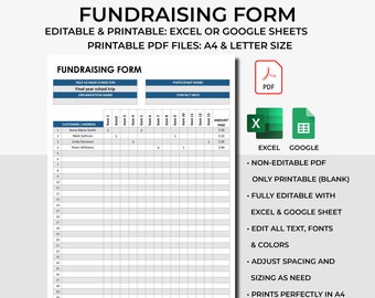 Fundraiser Form,Fundraiser Sheet, Fundraiser Template,Charity Event Donation,School Fundraising Form, Printable Editable Fillable Fundraiser