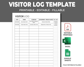 Editable & Printable Visitor Log. Visitor Sign in / Sign Out Sheet. Visitor Logbook. Visitor Tracker Template. Visitor book. PDF Printable.