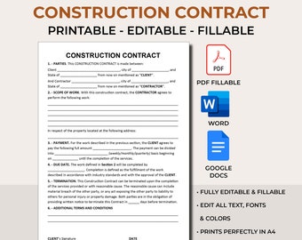 Construction Contract.Agreement Template.Construction Contract Form.Printable Fillable PDF.Editable and Fillable Microsoft Word Google Docs.