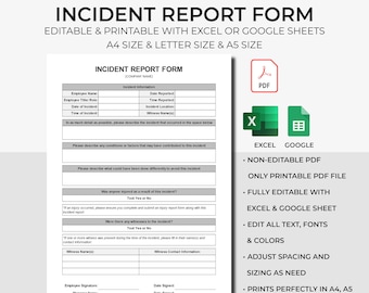 Printable Incident Report Form, Business Report,Incident Log Sheet Report,Accident Report,Accident Log Sheet Report,EXCEL & Google Sheet