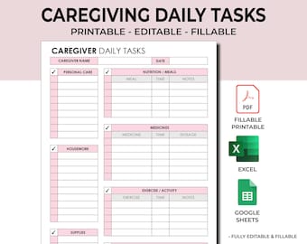 Caregiving Daily Tasks Log Template. Elderly Care Caregiving Checklist. Care Log Template. PDF Editable Printable. Excel Template & Sheets.