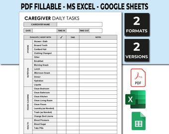 Caregiver Daily Tasks Log. Caregiver Time Worked. Elderly Care Caregiving Checklist. Fillable & Printable PDF. Excel Template Google Sheets.